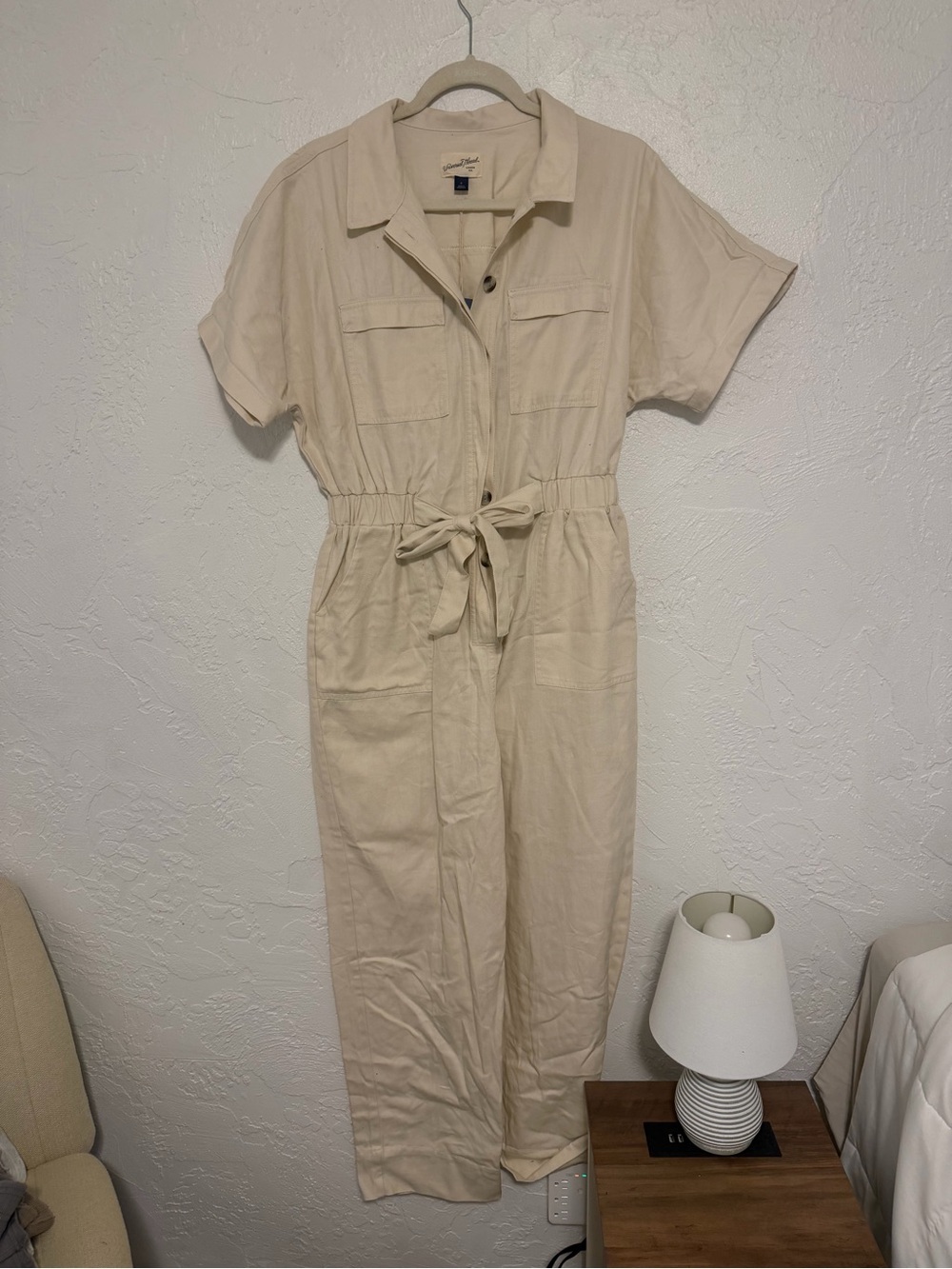 Universal Thread Cream Short-Sleeve Tie-Waist Utility Jumpsuit